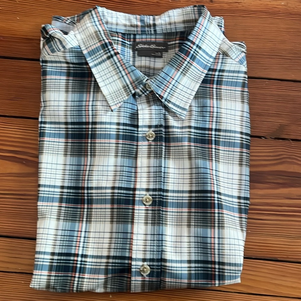 New with tags, Eddie Bauer men’s large, short sleeve button-down